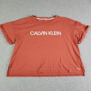 Calvin Klein Crop T-Shirt Womens Rust Cotton Performance Spell Out Boxy Fit Tee
